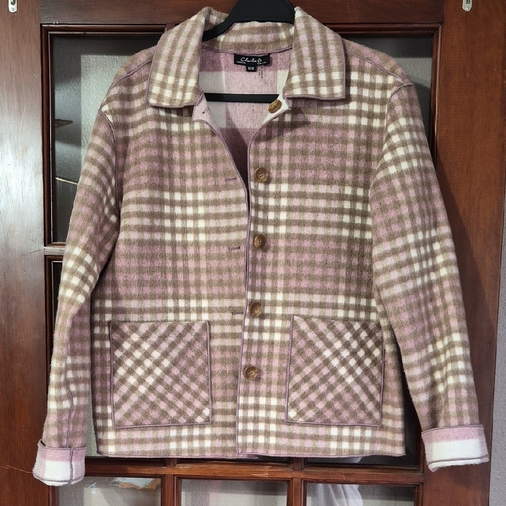 Charter Club Pink & Taupe Plaid Wool-Blend Pea Coat